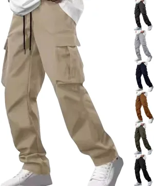 Mens Cargo Pants Relaxed Fit Drawstring Waist Open Bottom Cargo Pants with Pockets Outdoor Trendy Hiking Pants
