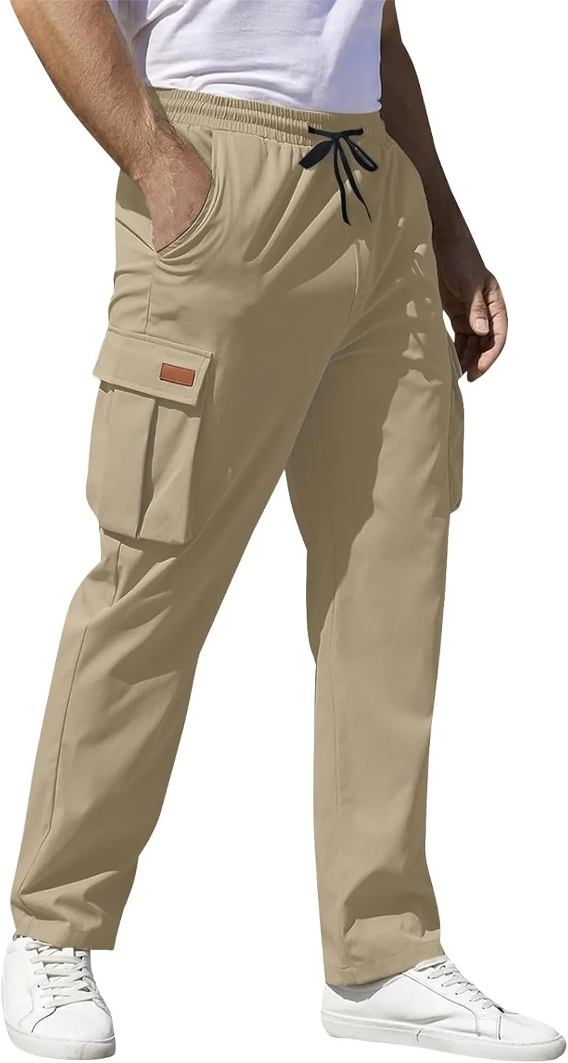 Mens Cargo Pants Relaxed Fit Drawstring Waist Open Bottom Cargo Pants with Pockets Outdoor Trendy Hiking Pants