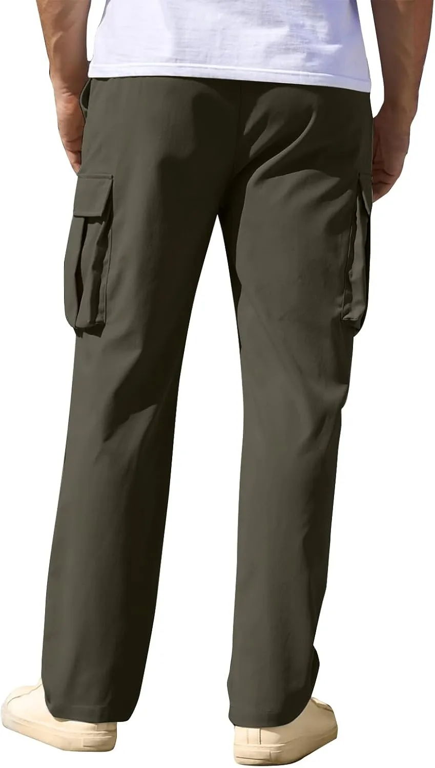 Mens Cargo Pants Relaxed Fit Drawstring Waist Open Bottom Cargo Pants with Pockets Outdoor Trendy Hiking Pants