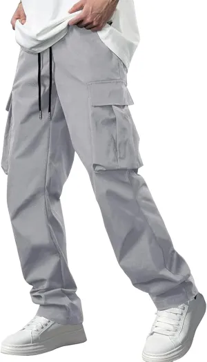 Mens Cargo Pants Relaxed Fit Drawstring Waist Open Bottom Cargo Pants with Pockets Outdoor Trendy Hiking Pants