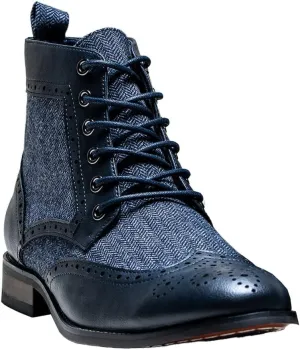 Mens Casual Ankle Lace Up Boots Leather and Tweed Brogue Shoes