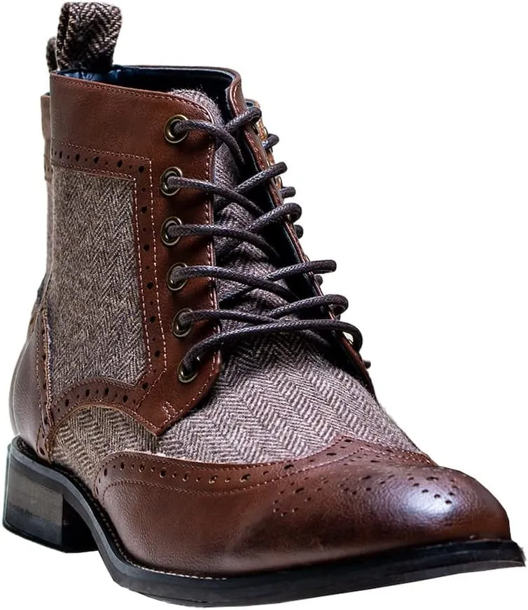 Mens Casual Ankle Lace Up Boots Leather and Tweed Brogue Shoes
