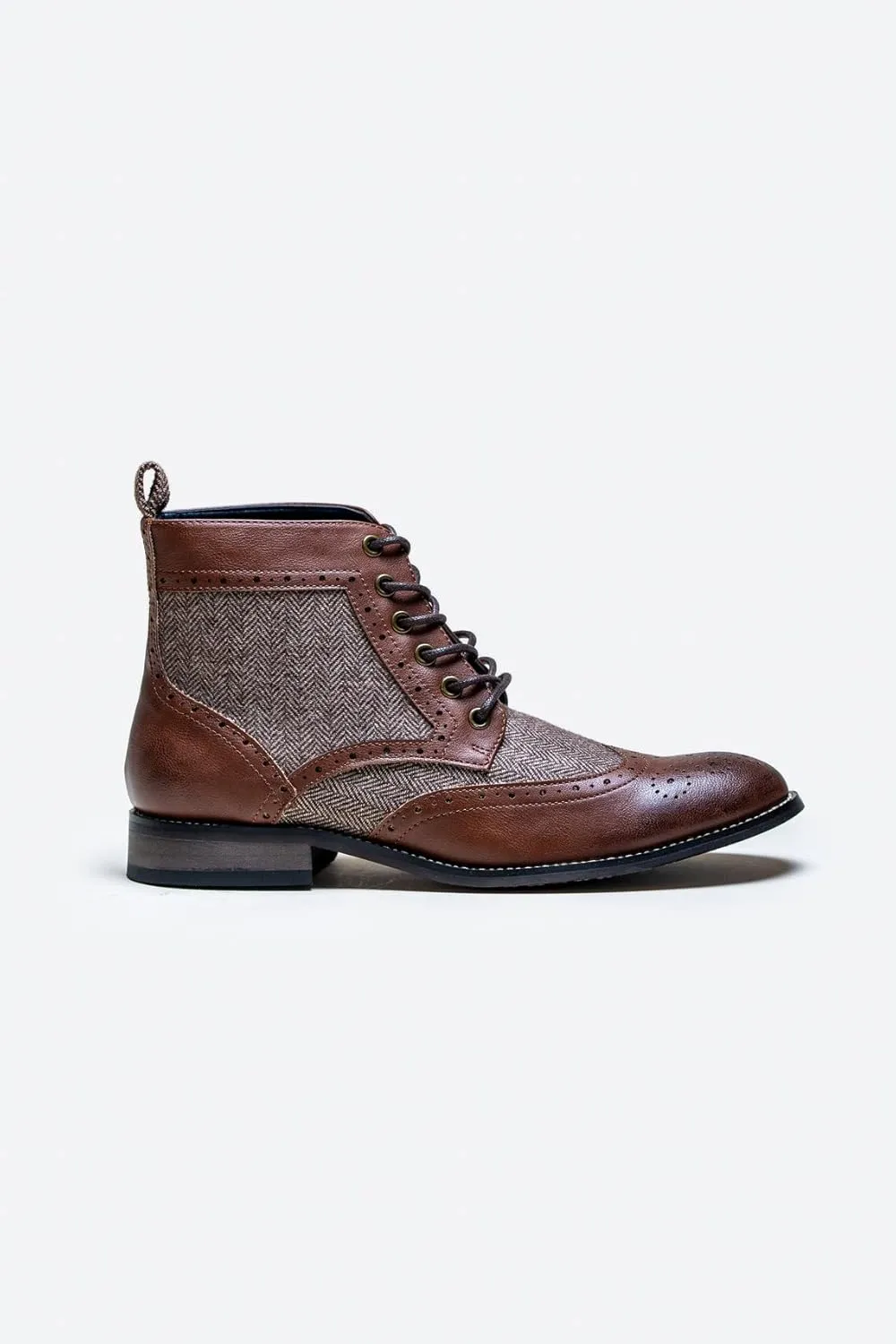 Mens Casual Ankle Lace Up Boots Leather and Tweed Brogue Shoes