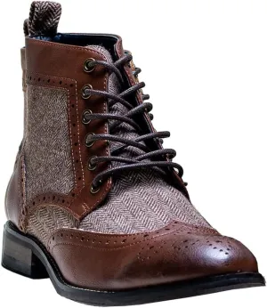 Mens Casual Ankle Lace Up Boots Leather and Tweed Brogue Shoes