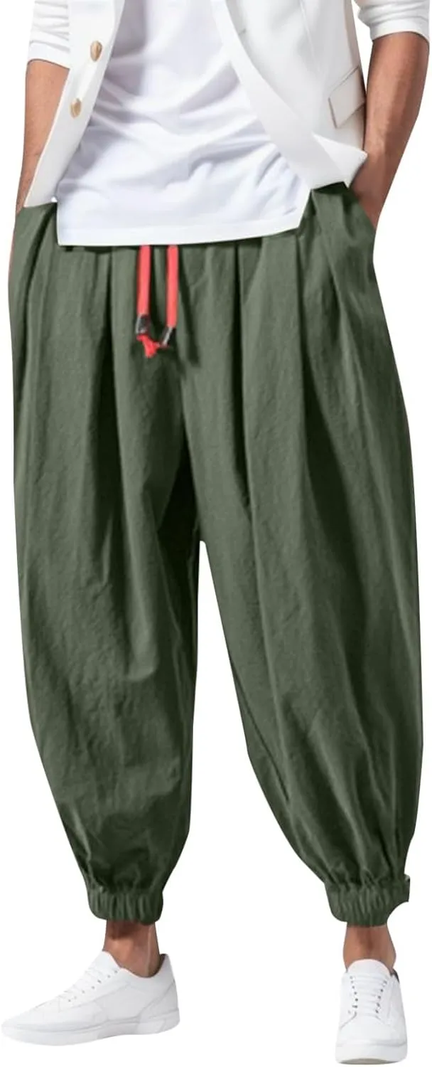 Mens Combat Cargo Pants Casual Linen Stretchy Elastic Waist Pant Sweatpants Joggers Baggy Training Gym Running