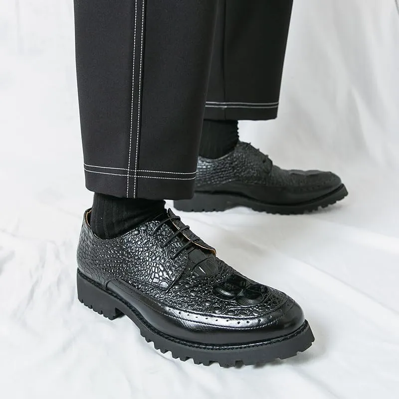 Men's Crocodile Textured Leather Brogue Shoes Metal Reinforced Eyelets Thick Rubber Outsole Anti-Slip Traction Casual Business Wear