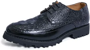 Men's Crocodile Textured Leather Brogue Shoes Metal Reinforced Eyelets Thick Rubber Outsole Anti-Slip Traction Casual Business Wear