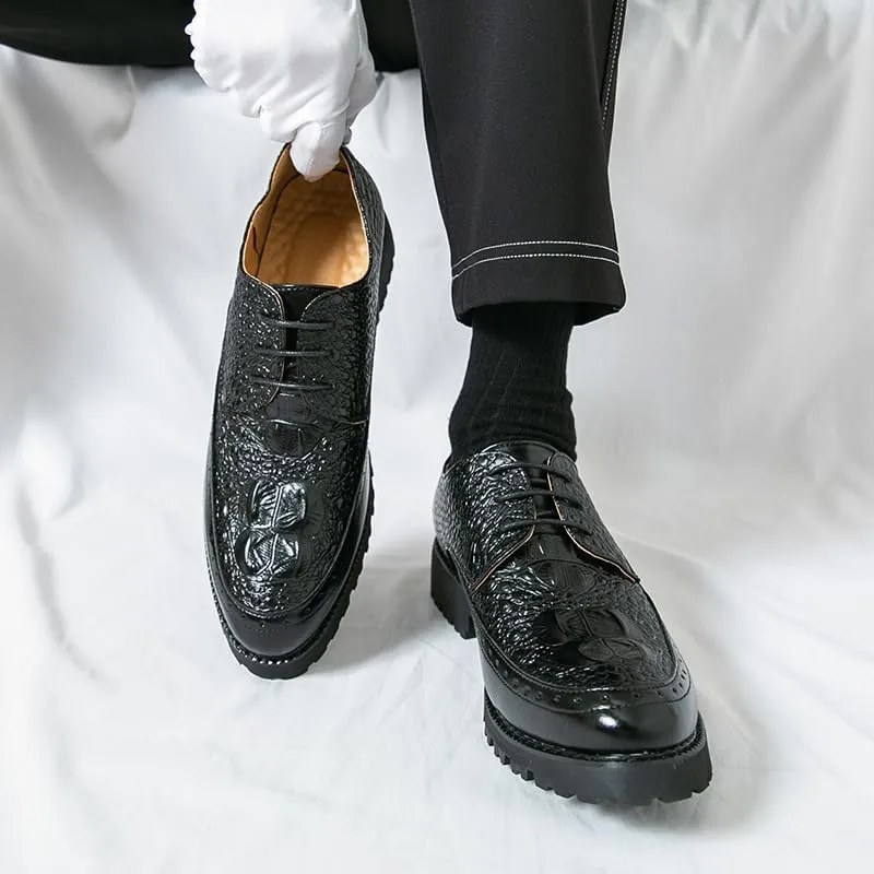 Men's Crocodile Textured Leather Brogue Shoes Metal Reinforced Eyelets Thick Rubber Outsole Anti-Slip Traction Casual Business Wear