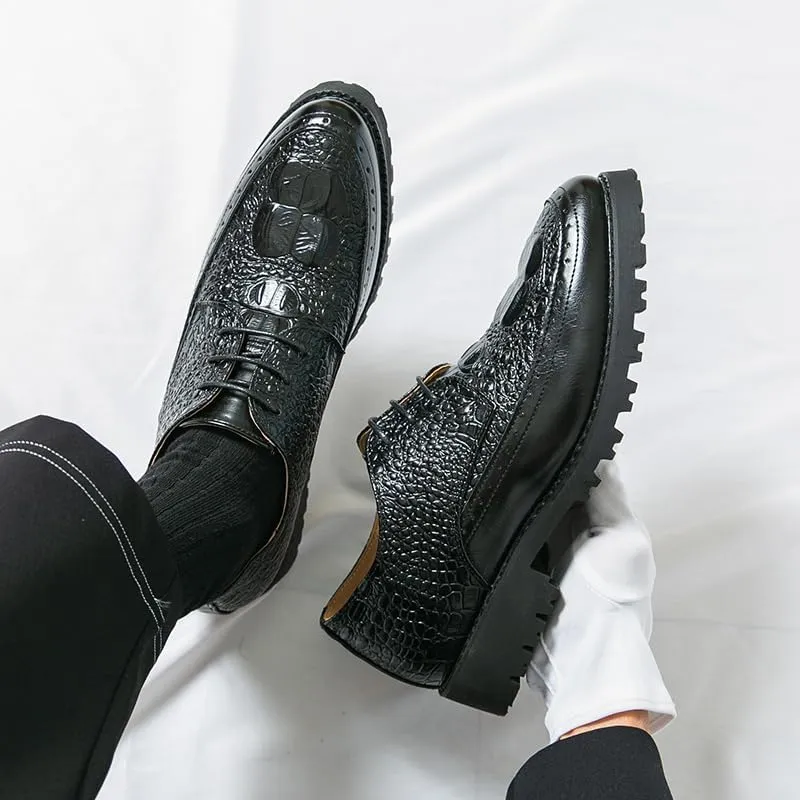Men's Crocodile Textured Leather Brogue Shoes Metal Reinforced Eyelets Thick Rubber Outsole Anti-Slip Traction Casual Business Wear