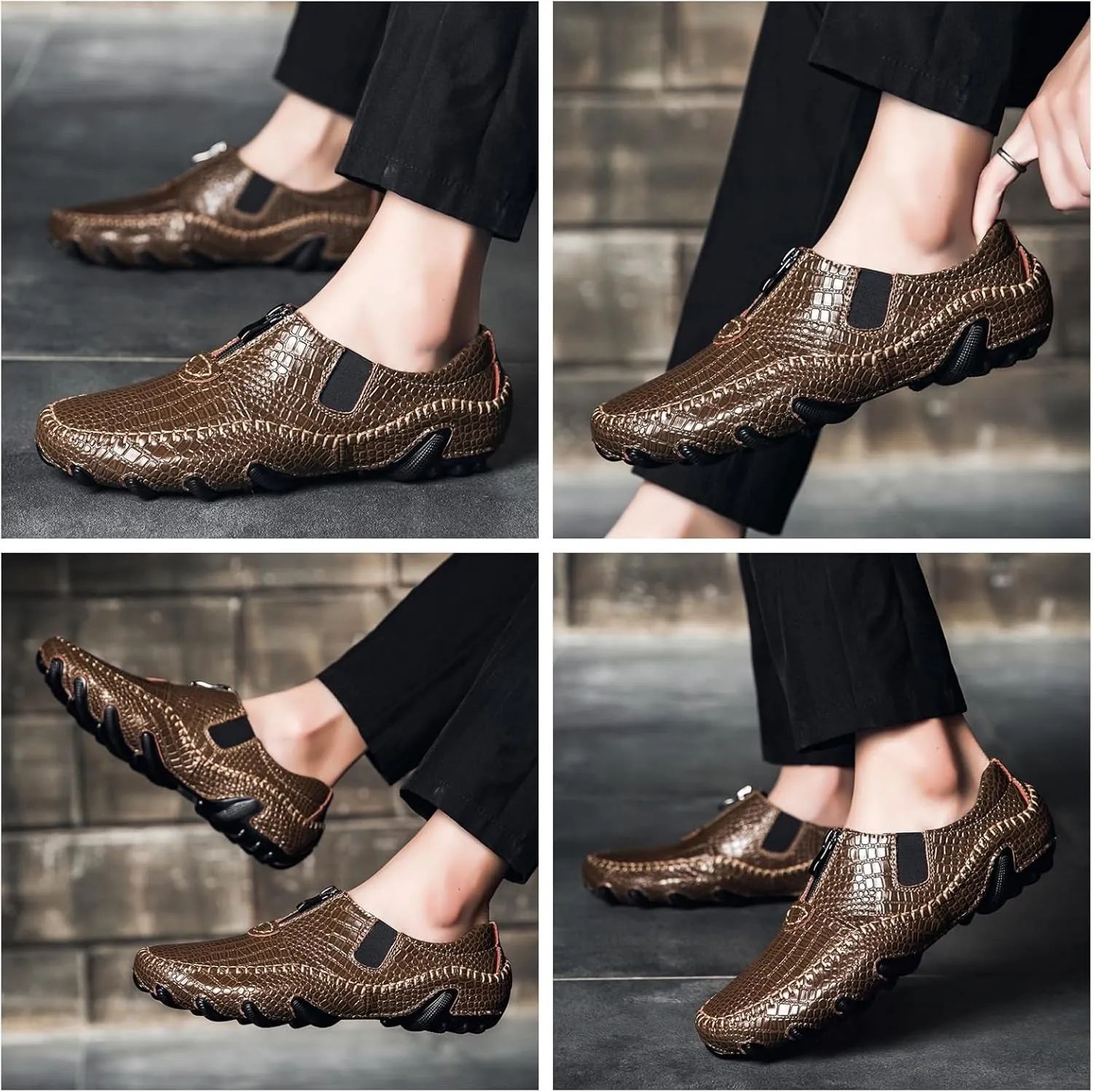 Men's Leather Loafers Slip On Shoes with Elastic & Zipper Design - Alligator Pattern Comfort Walking Driving Moccasins Anti-Slip Sole Business Casual Dress Shoes for Men