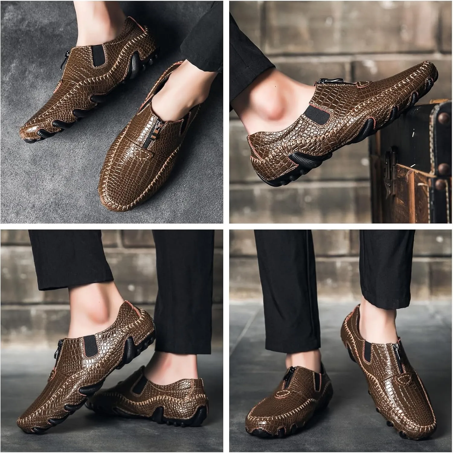 Men's Leather Loafers Slip On Shoes with Elastic & Zipper Design - Alligator Pattern Comfort Walking Driving Moccasins Anti-Slip Sole Business Casual Dress Shoes for Men
