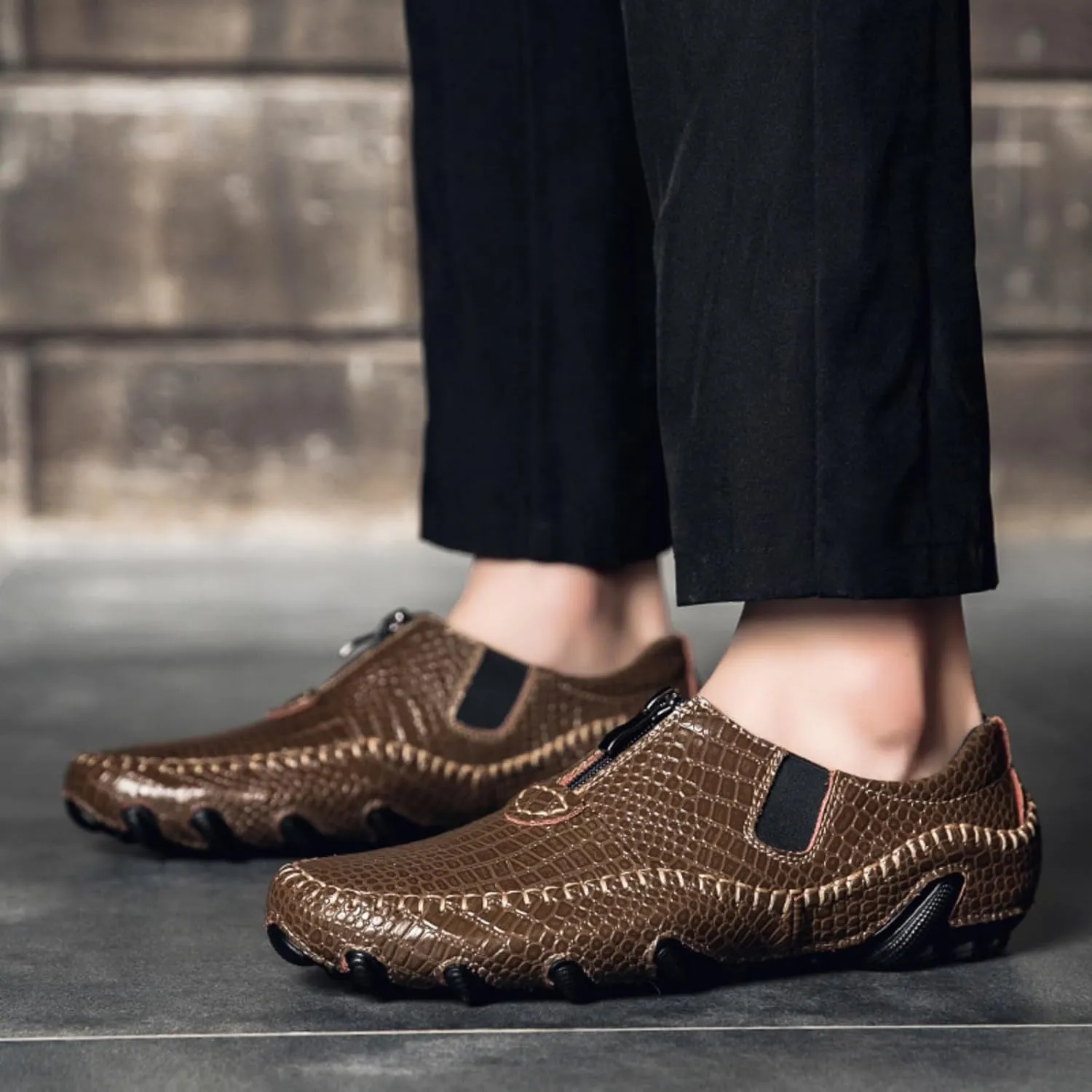 Men's Leather Loafers Slip On Shoes with Elastic & Zipper Design - Alligator Pattern Comfort Walking Driving Moccasins Anti-Slip Sole Business Casual Dress Shoes for Men