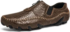 Men's Leather Loafers Slip On Shoes with Elastic & Zipper Design - Alligator Pattern Comfort Walking Driving Moccasins Anti-Slip Sole Business Casual Dress Shoes for Men