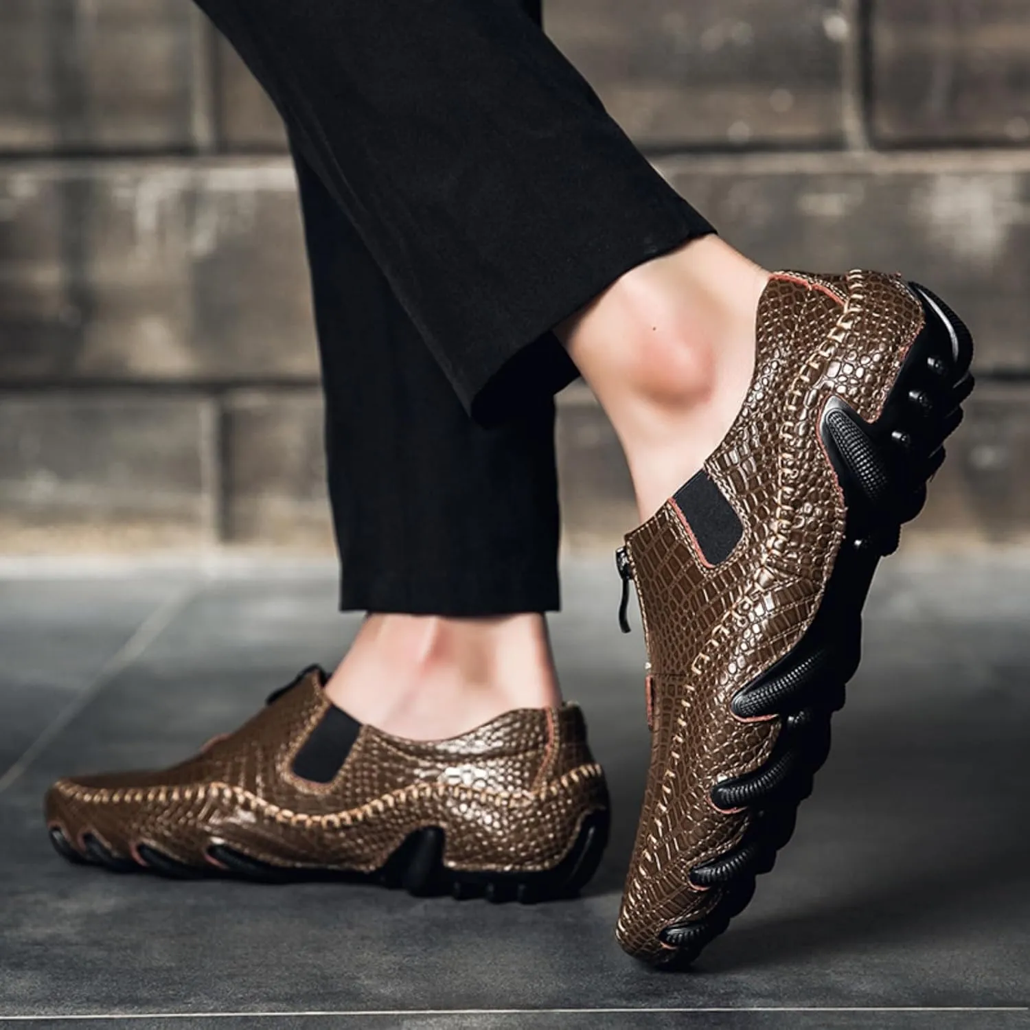 Men's Leather Loafers Slip On Shoes with Elastic & Zipper Design - Alligator Pattern Comfort Walking Driving Moccasins Anti-Slip Sole Business Casual Dress Shoes for Men