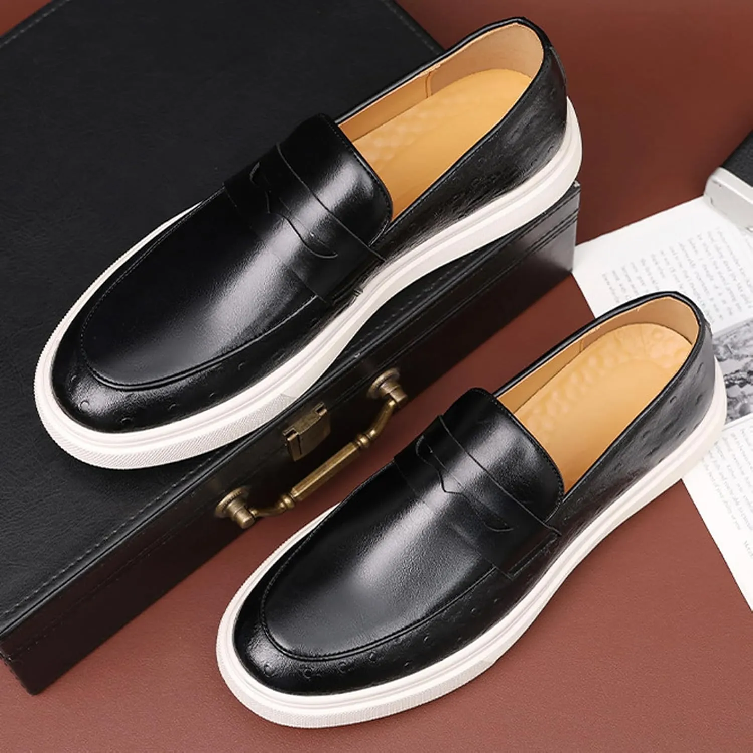 Men's Leather Platform Penny Loafers Fashion Round Toe Slip On Tuxedo Dress Shoes for Party Wedding Smoking Shoes