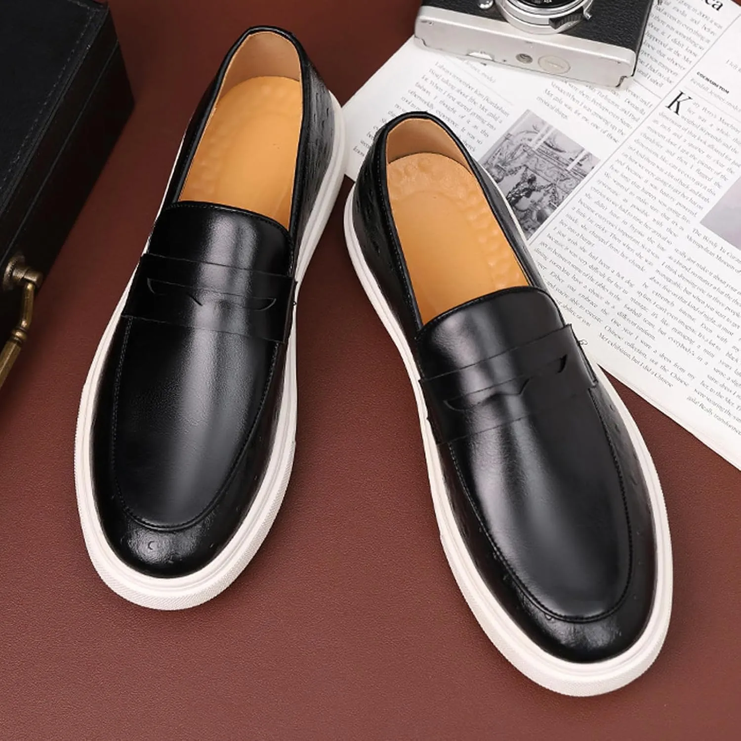 Men's Leather Platform Penny Loafers Fashion Round Toe Slip On Tuxedo Dress Shoes for Party Wedding Smoking Shoes