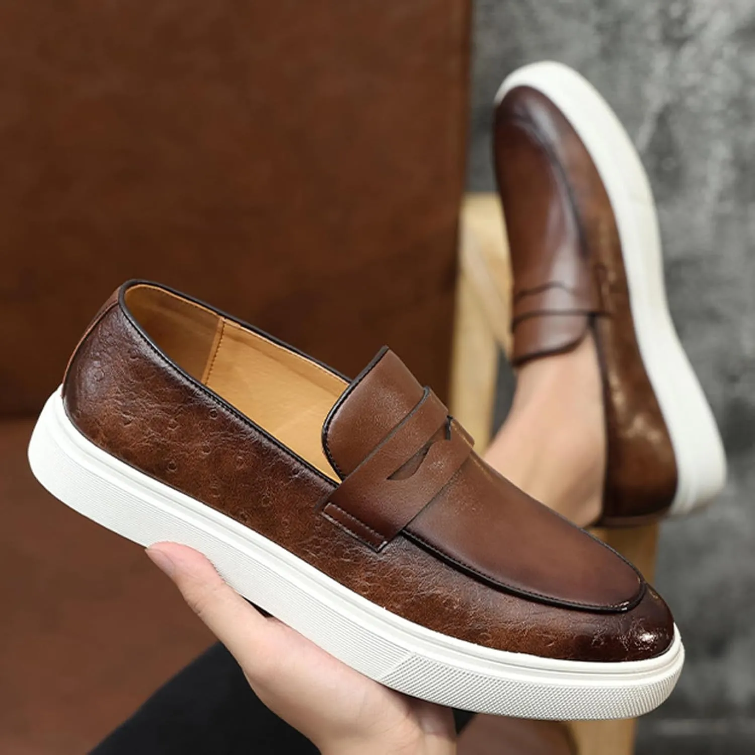 Men's Leather Platform Penny Loafers Fashion Round Toe Slip On Tuxedo Dress Shoes for Party Wedding Smoking Shoes