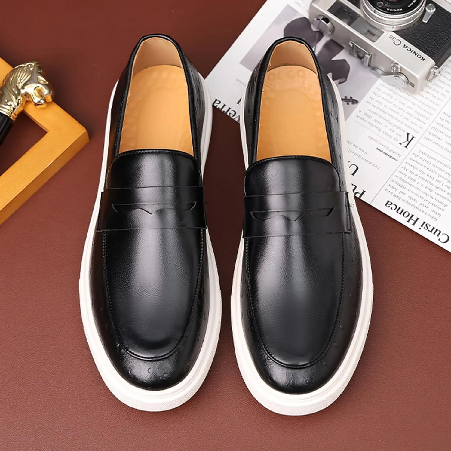 Men's Leather Platform Penny Loafers Fashion Round Toe Slip On Tuxedo Dress Shoes for Party Wedding Smoking Shoes