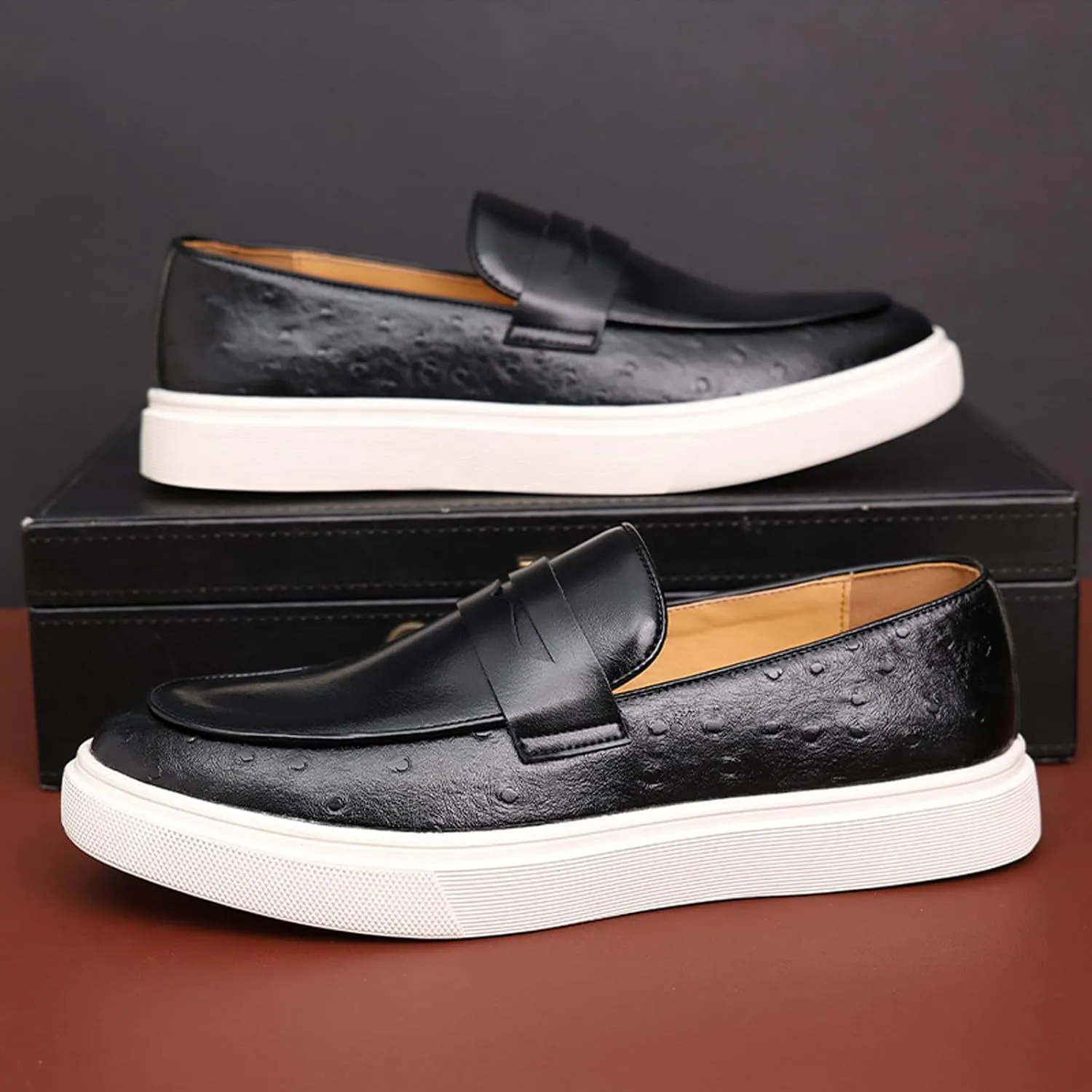 Men's Leather Platform Penny Loafers Fashion Round Toe Slip On Tuxedo Dress Shoes for Party Wedding Smoking Shoes