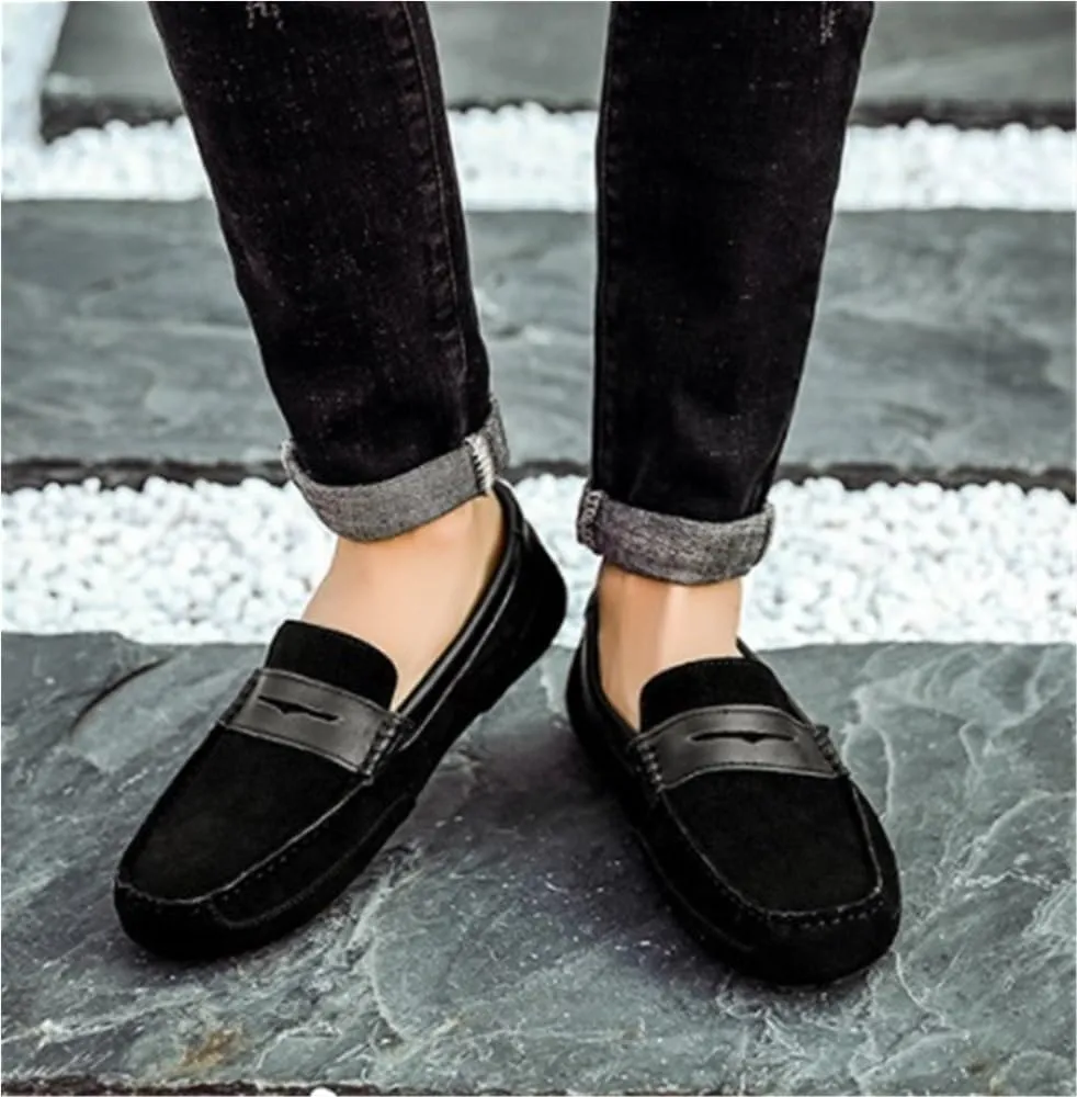 Men's Loafers for Men Genuine Leather Stitching Details Suede Vamp Round Toe Anti-Slip Comfortable Lightweight Driving Boat Shoes