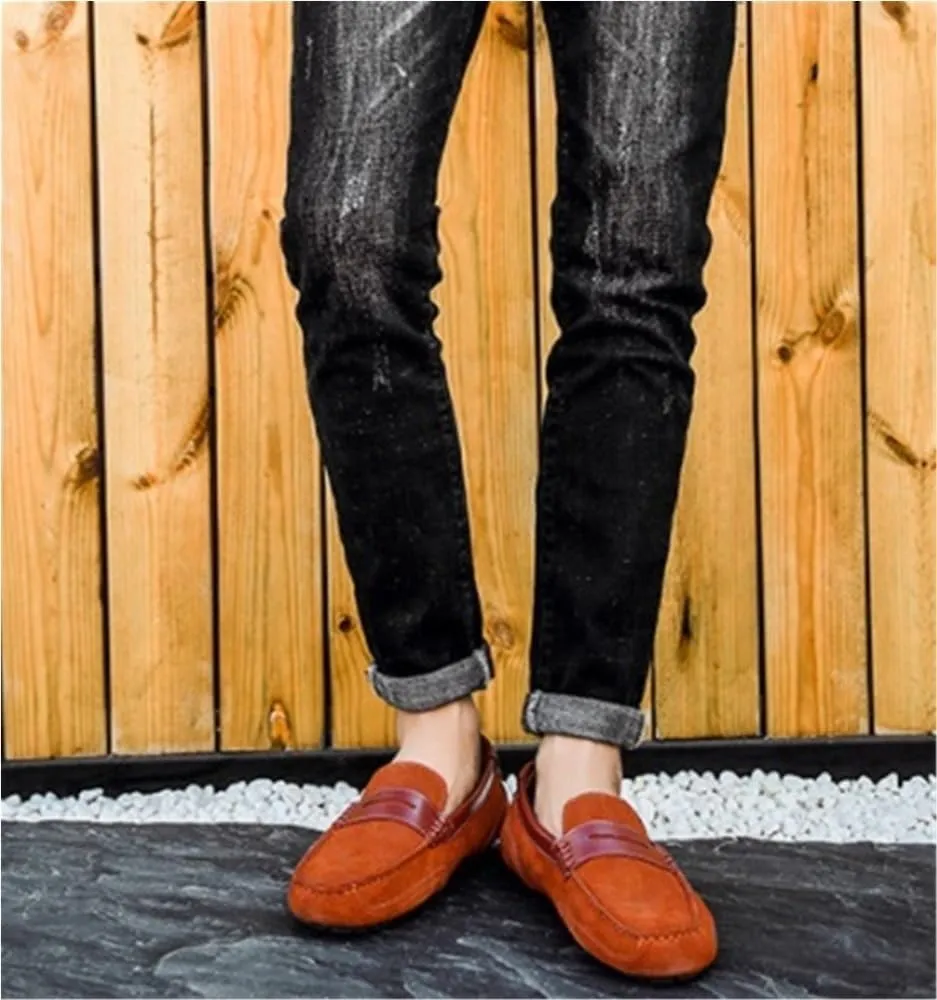 Men's Loafers for Men Genuine Leather Stitching Details Suede Vamp Round Toe Anti-Slip Comfortable Lightweight Driving Boat Shoes