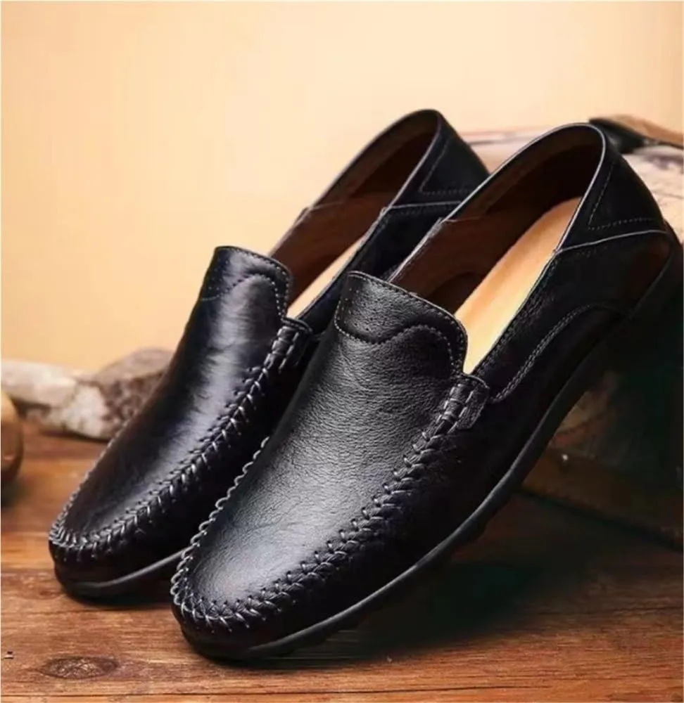 Mens Loafers Shoe Genuine Leather Round Toe Stitching Details Breathable Slip Resistant Comfortable Flexible Flat Heel Casual Driving Slip-ons