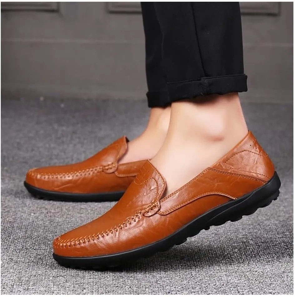 Mens Loafers Shoe Genuine Leather Round Toe Stitching Details Breathable Slip Resistant Comfortable Flexible Flat Heel Casual Driving Slip-ons
