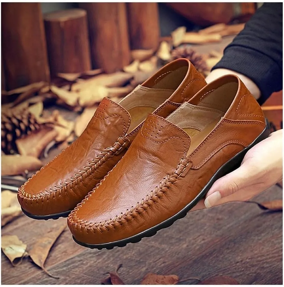 Mens Loafers Shoe Genuine Leather Round Toe Stitching Details Breathable Slip Resistant Comfortable Flexible Flat Heel Casual Driving Slip-ons