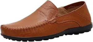 Mens Loafers Shoe Genuine Leather Round Toe Stitching Details Breathable Slip Resistant Comfortable Flexible Flat Heel Casual Driving Slip-ons