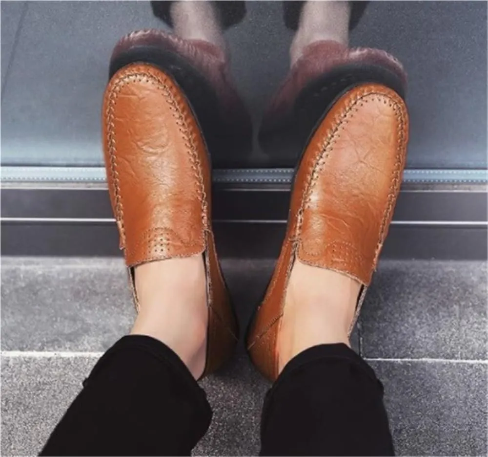 Mens Loafers Shoe Genuine Leather Round Toe Stitching Details Breathable Slip Resistant Comfortable Flexible Flat Heel Casual Driving Slip-ons
