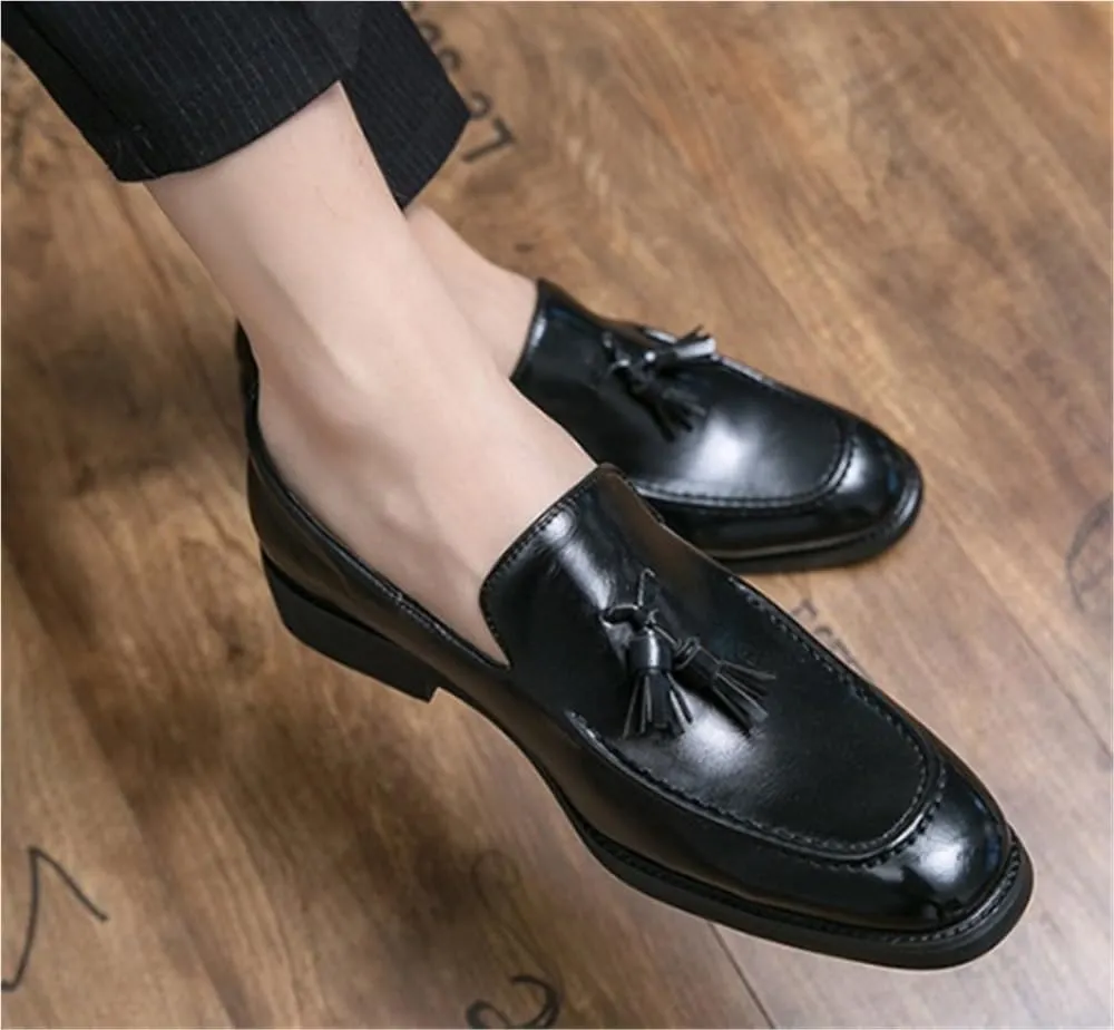 Men's Loafers Shoes Tassel Square Burnished Toe Leather Lightweight Comfortable Anti-Slip Classic Prom Slip-on