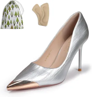 Metal Cap Pointed Toe Stiletto Heels for Ladies Womens Closed Toe Black Silver Dress High Heels Comfortable PU Leather Slip On Wedding Party Office Pumps Shoes