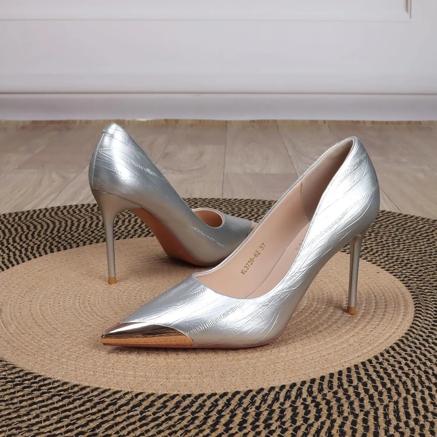 Metal Cap Pointed Toe Stiletto Heels for Ladies Womens Closed Toe Black Silver Dress High Heels Comfortable PU Leather Slip On Wedding Party Office Pumps Shoes