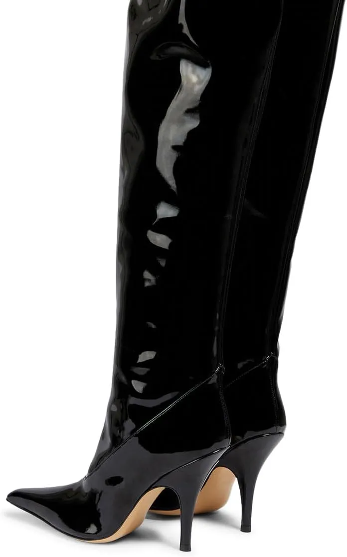 miss left Women Sharp Thigh High Patent Leather Boots Closed Pointy Toe Stiletto High Heels Sexy Fashion Pumps Booties Shoes Size 4-16 US