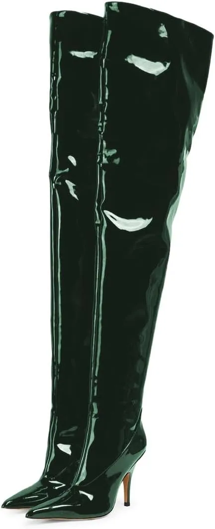 miss left Women Sharp Thigh High Patent Leather Boots Closed Pointy Toe Stiletto High Heels Sexy Fashion Pumps Booties Shoes Size 4-16 US