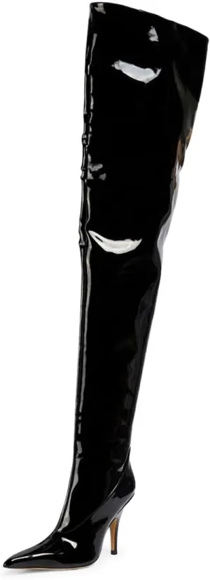miss left Women Sharp Thigh High Patent Leather Boots Closed Pointy Toe Stiletto High Heels Sexy Fashion Pumps Booties Shoes Size 4-16 US