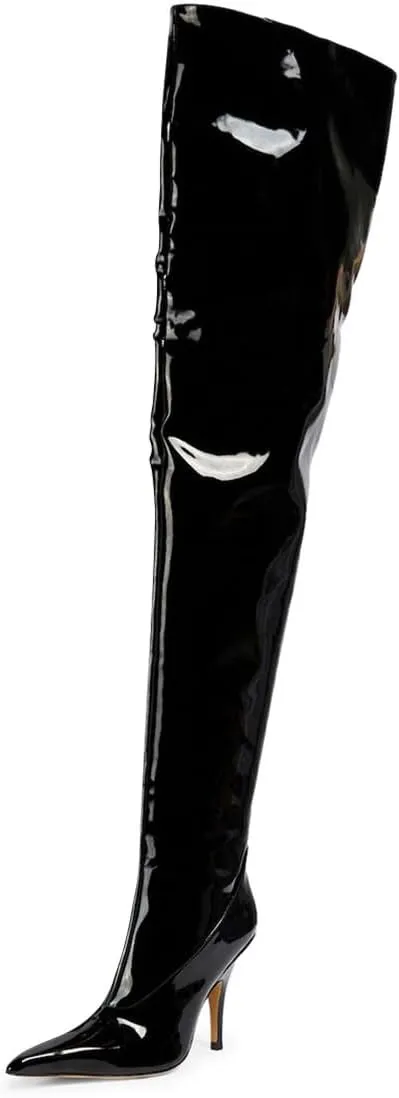 miss left Women Sharp Thigh High Patent Leather Boots Closed Pointy Toe Stiletto High Heels Sexy Fashion Pumps Booties Shoes Size 4-16 US
