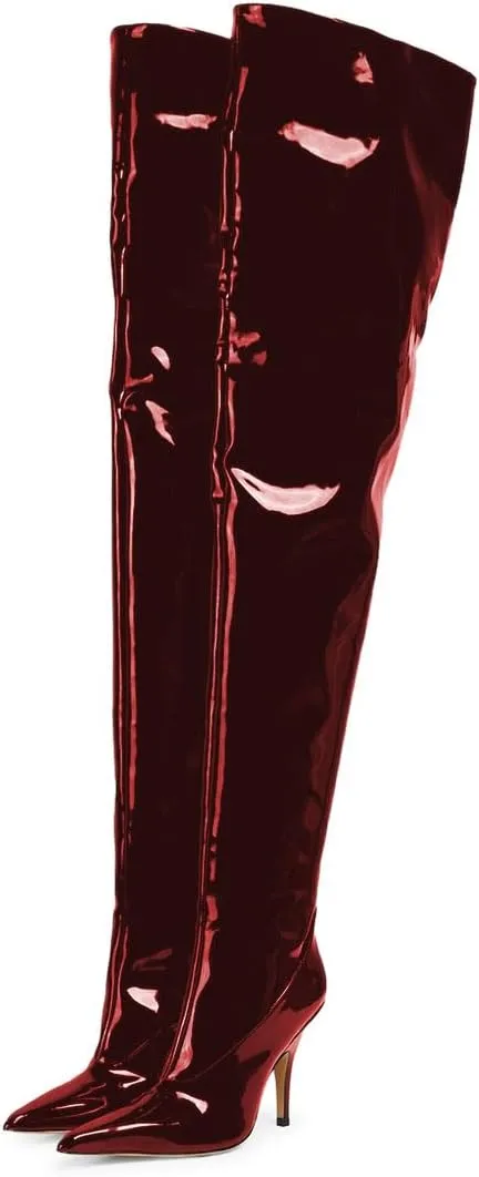 miss left Women Sharp Thigh High Patent Leather Boots Closed Pointy Toe Stiletto High Heels Sexy Fashion Pumps Booties Shoes Size 4-16 US
