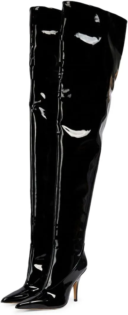 miss left Women Sharp Thigh High Patent Leather Boots Closed Pointy Toe Stiletto High Heels Sexy Fashion Pumps Booties Shoes Size 4-16 US