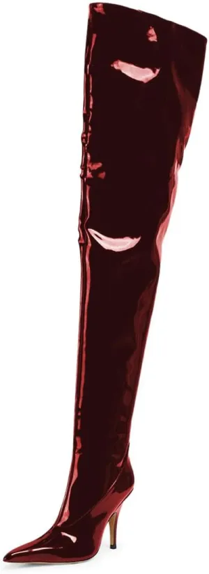 miss left Women Sharp Thigh High Patent Leather Boots Closed Pointy Toe Stiletto High Heels Sexy Fashion Pumps Booties Shoes Size 4-16 US