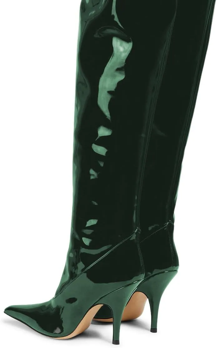 miss left Women Sharp Thigh High Patent Leather Boots Closed Pointy Toe Stiletto High Heels Sexy Fashion Pumps Booties Shoes Size 4-16 US