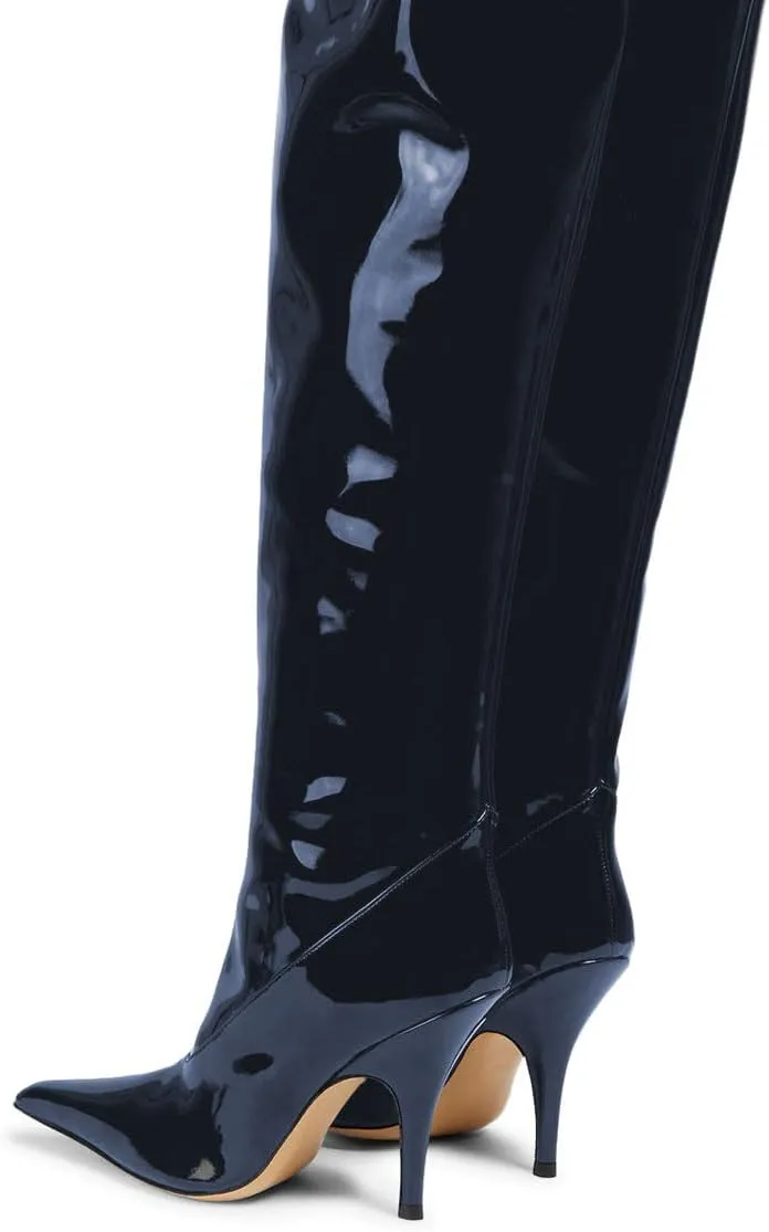 miss left Women Sharp Thigh High Patent Leather Boots Closed Pointy Toe Stiletto High Heels Sexy Fashion Pumps Booties Shoes Size 4-16 US