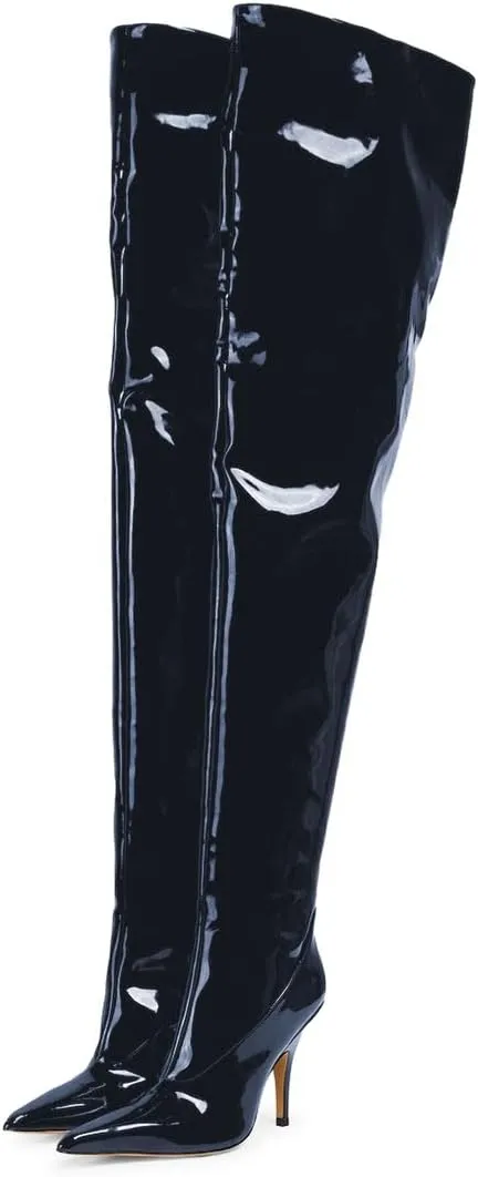 miss left Women Sharp Thigh High Patent Leather Boots Closed Pointy Toe Stiletto High Heels Sexy Fashion Pumps Booties Shoes Size 4-16 US