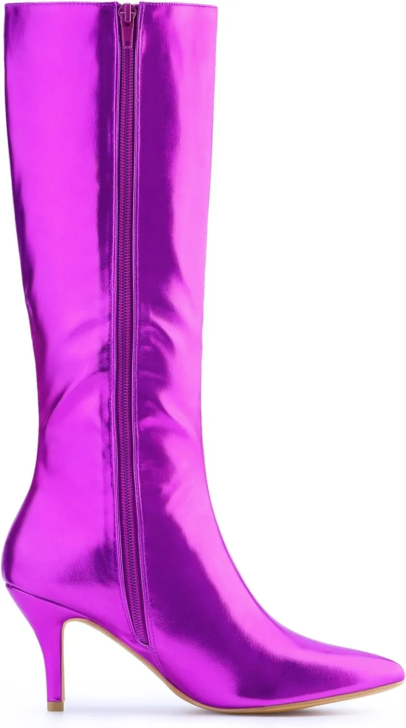 Perphy Pointed Toe Stiletto Heels Metallic Knee High Boots for Women