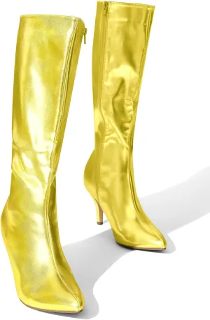 Perphy Pointed Toe Stiletto Heels Metallic Knee High Boots for Women