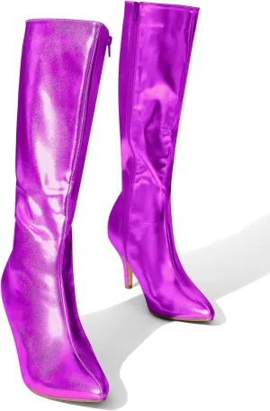 Perphy Pointed Toe Stiletto Heels Metallic Knee High Boots for Women