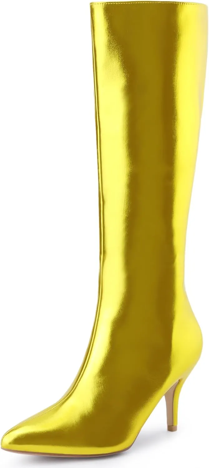 Perphy Pointed Toe Stiletto Heels Metallic Knee High Boots for Women