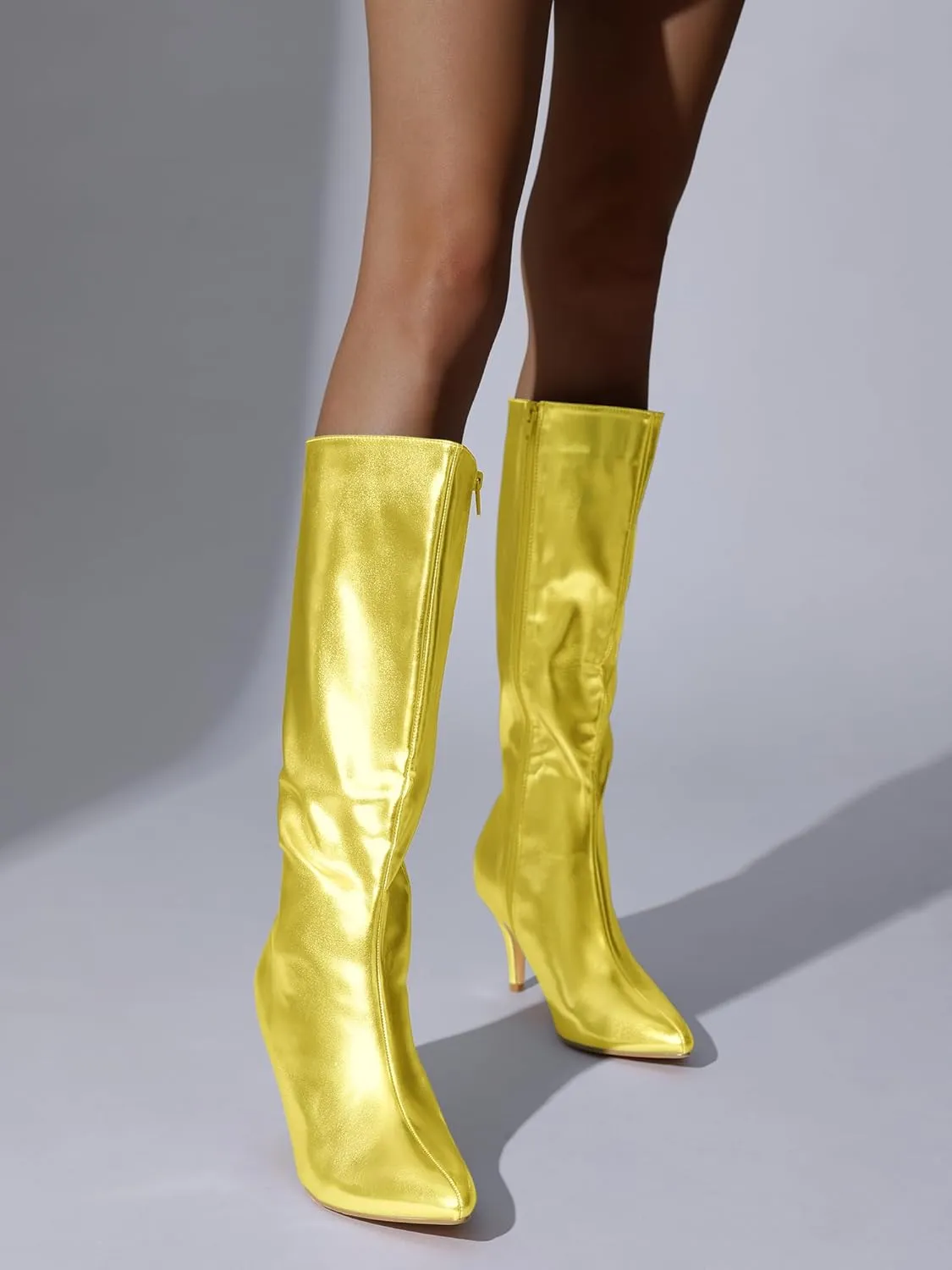 Perphy Pointed Toe Stiletto Heels Metallic Knee High Boots for Women