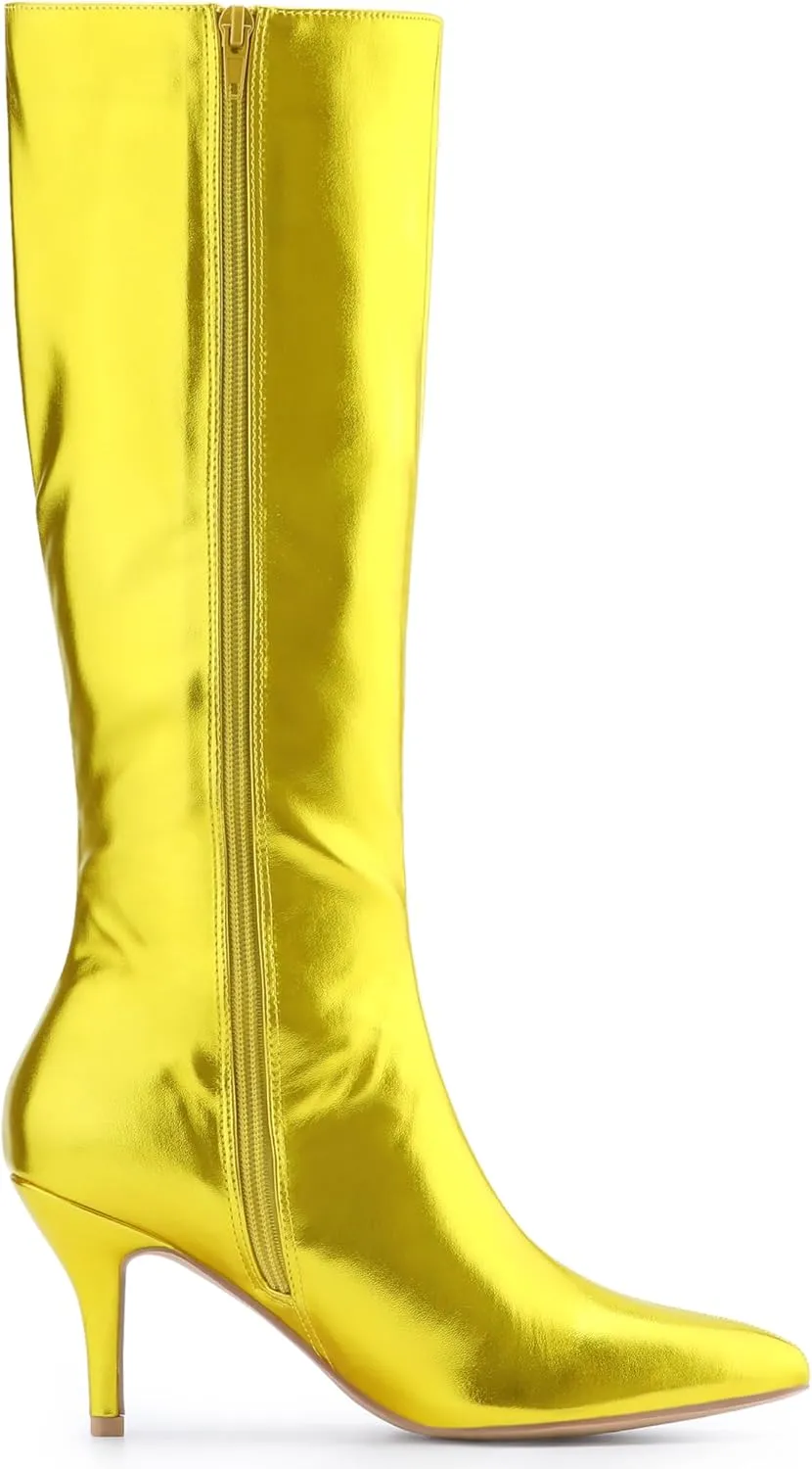 Perphy Pointed Toe Stiletto Heels Metallic Knee High Boots for Women