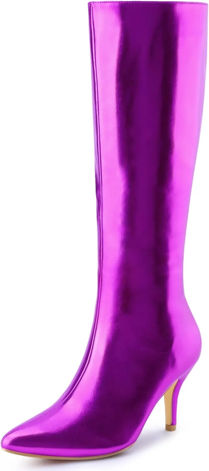 Perphy Pointed Toe Stiletto Heels Metallic Knee High Boots for Women